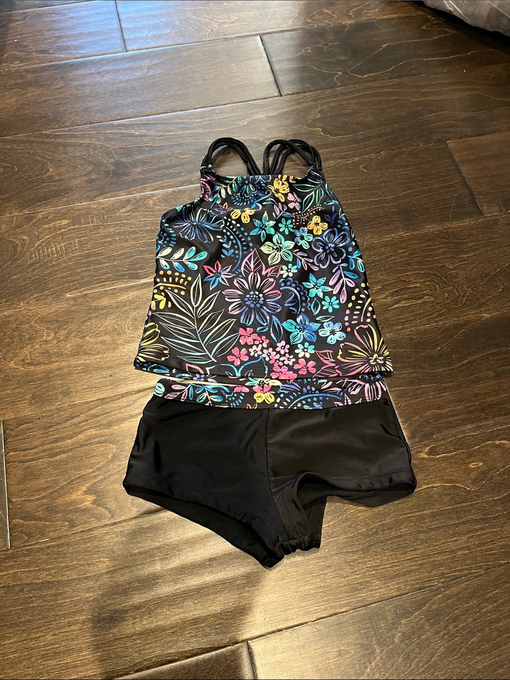 wonder nation Black Floral Tankini Set with Multi-Color Flowers